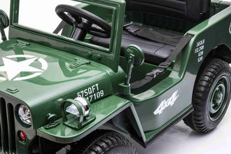 New 12v Kids Ride on Military Style Jeep with Remote in Army Green - Leather Seat EVA Wheels