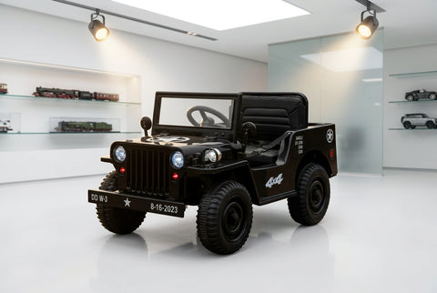 New 12v Kids Ride on Military Style Jeep with Remote in Black - Leather Seat EVA Wheels