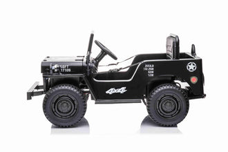 New 12v Kids Ride on Military Style Jeep with Remote in Black - Leather Seat EVA Wheels