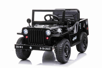 New 12v Kids Ride on Military Style Jeep with Remote in Black - Leather Seat EVA Wheels