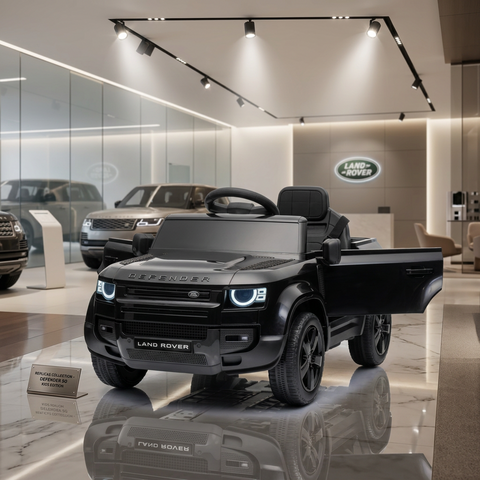 Land Rover Defender 12v Kids Ride On Car with Remote in Black - Leather Seat & EVA Wheels