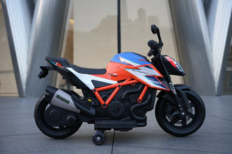 Kids 12v Ride on Electric Bike KTM Superduke Motor Bike with Stabilizers - Orange Blue