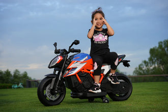 Kids 12v Ride on Electric Bike KTM Superduke Motor Bike with Stabilizers - Orange Blue