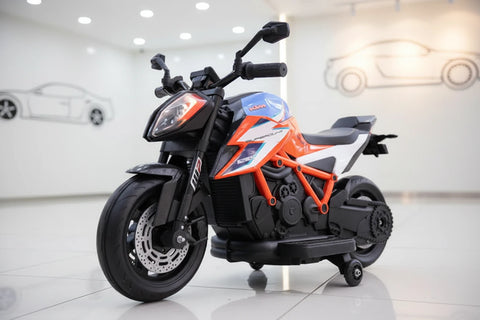 Kids 12v Ride on Electric Bike KTM Superduke Motor Bike with Stabilizers - Orange Blue