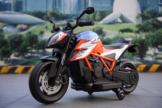 Kids 12v Ride on Electric Bike KTM Superduke Motor Bike with Stabilizers - Orange Blue
