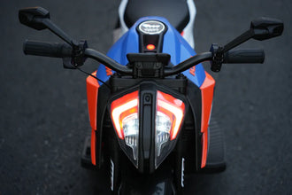 Kids 12v Ride on Electric Bike KTM Superduke Motor Bike with Stabilizers - Orange Blue