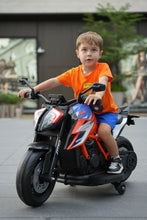 Kids 12v Ride on Electric Bike KTM Superduke Motor Bike with Stabilizers - Orange Blue